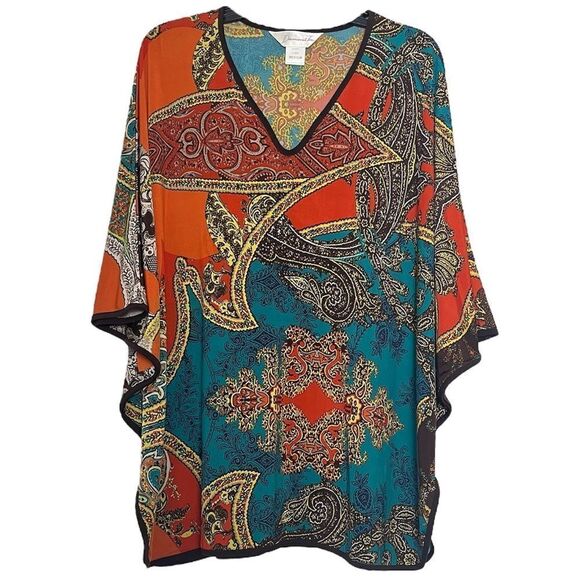 Diamond Tea Caftan Tunic Top Boho Paisley Loungewear V Neck Orange Teal Medium - Picture 1 of 10